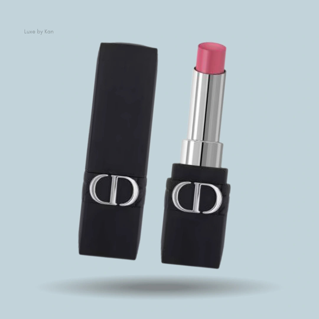 Rouge Dior Forever Lipstick in an open tube, revealing a soft pale pink shade with a velvety matte finish.