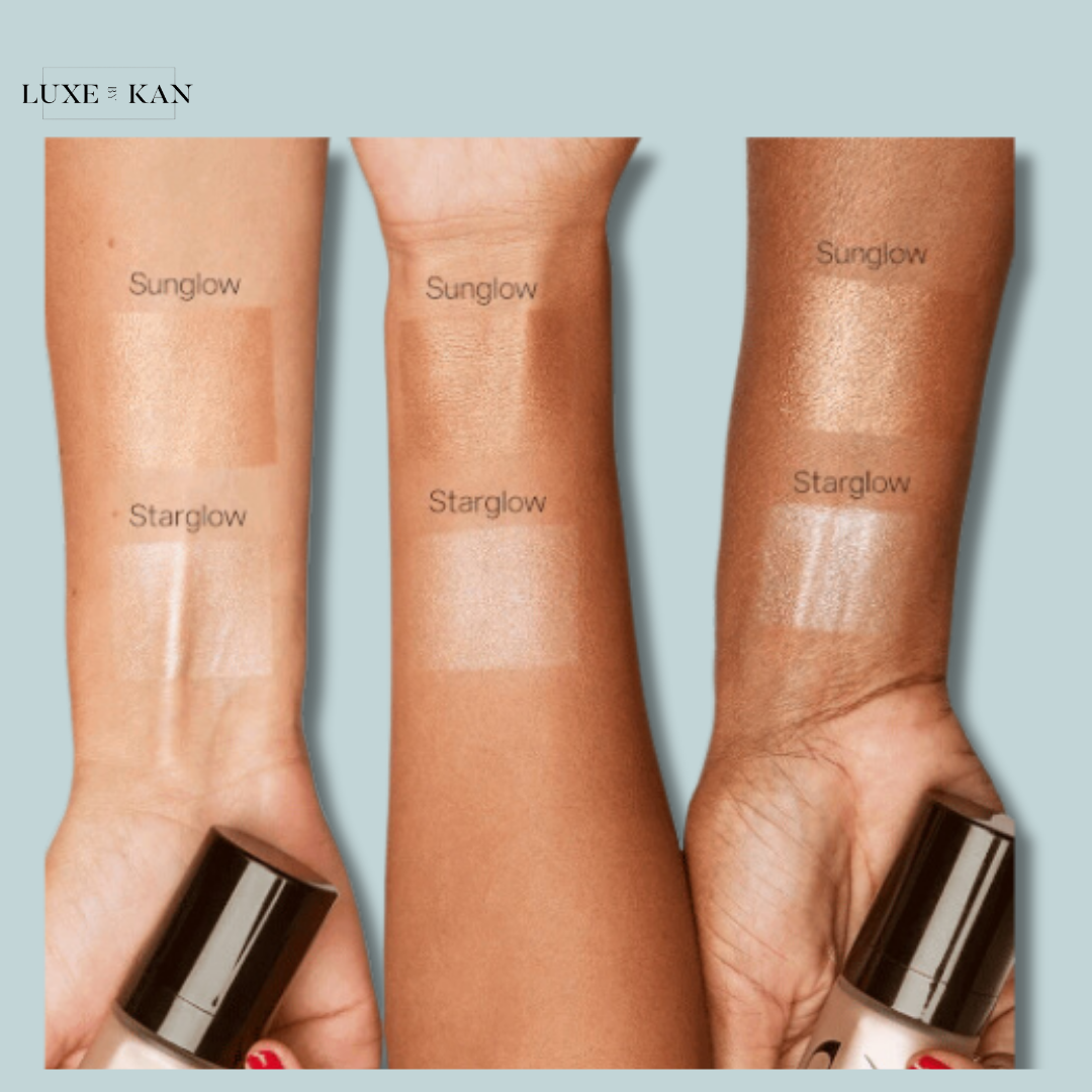 Swatches of Saie Glowy Super Gel in Starglow and Sunglow on three skin tones, showing radiant, dewy finish and glow effect.