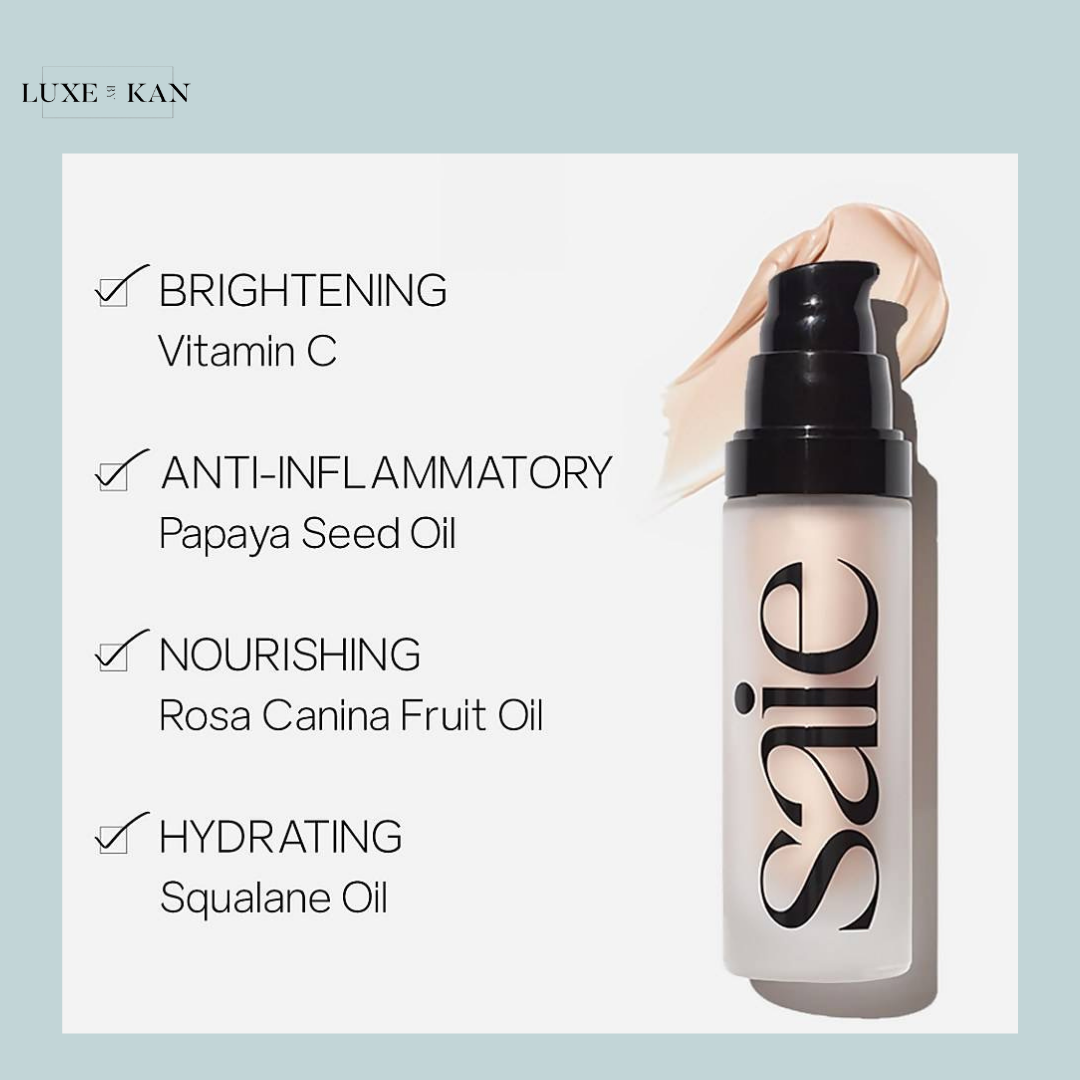 Saie Glowy Super Gel bottle with swatch, highlighting brightening, anti-inflammatory, nourishing, and hydrating ingredients.