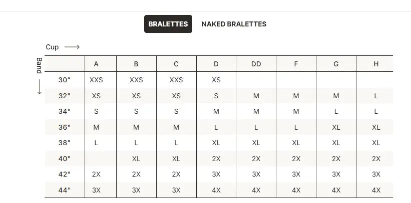 SKIMS Fits Everybody Micro Skimpy Bralette size guide chart with measurements