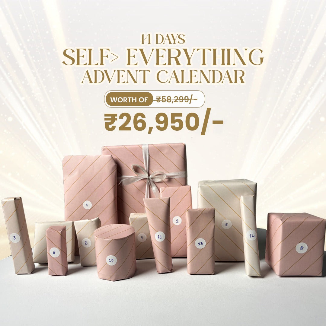 14 Days Self Everything Advent Calendar featuring numbered pink gifts and pricing details on a bright white background.