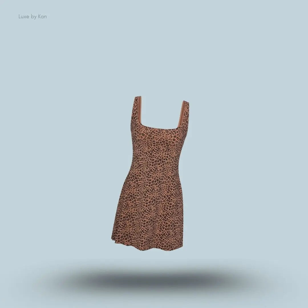 SKIMS Cotton Jersey Mini Dress in Sienna Natural Leopard, flat lay on light blue background