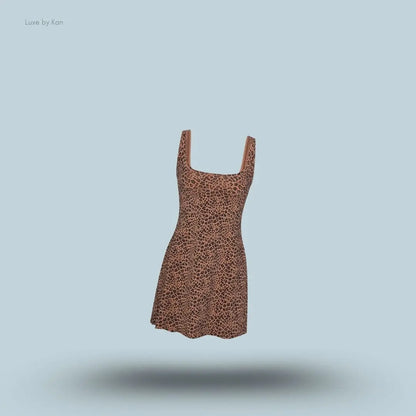 SKIMS Cotton Jersey Mini Dress in Sienna Natural Leopard, flat lay on light blue background