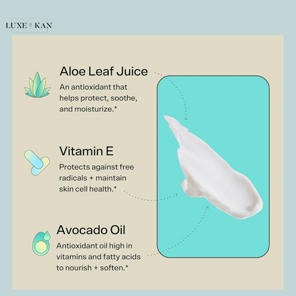 Slam dunk hydrating cream moisturiser ingredients: Aloe Leaf Juice, Vitamin E, and Avocado Oil, emphasizing their benefits for skin health.