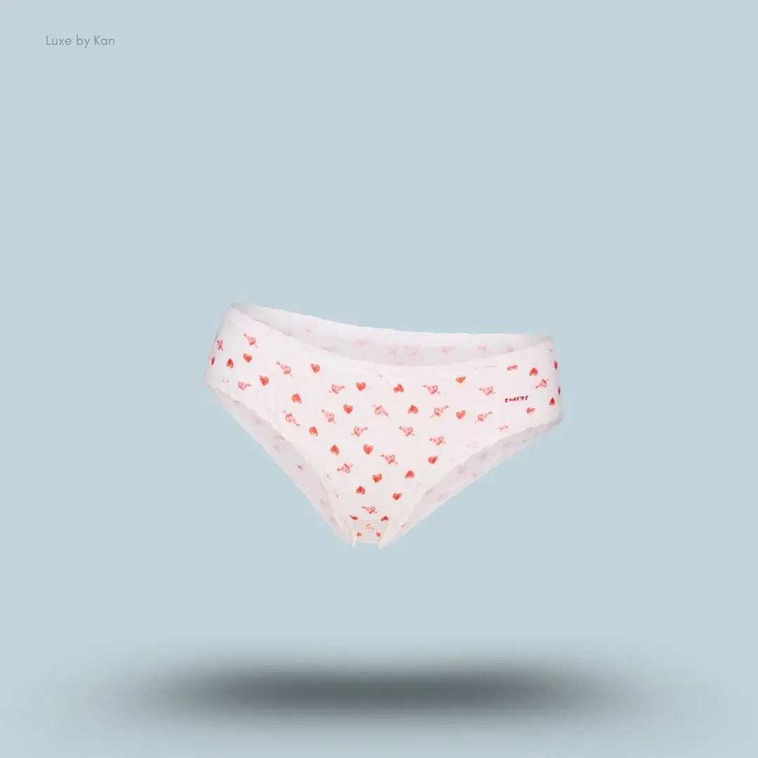 SKIMS Lightweight Cotton Pointelle Lace Brief in Snow Arrowed Hearts, flat lay on light blue background