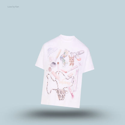 SKIMS Worn In Jersey Relaxed T-Shirt in Snow In My Bag, flat lay on light blue background