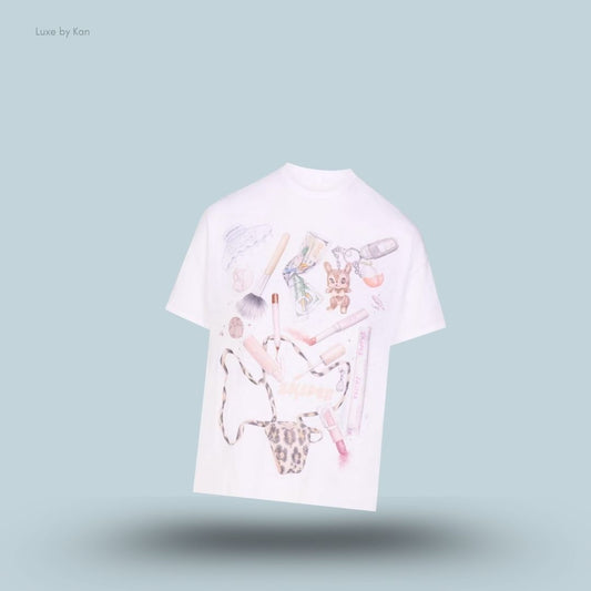 SKIMS Worn In Jersey Relaxed T-Shirt in Snow In My Bag, flat lay on light blue background
