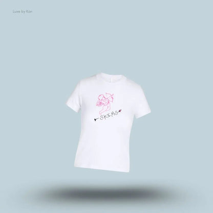 SKIMS Worn In Jersey T-Shirt in Snow Skims Angel, flat lay on light blue background