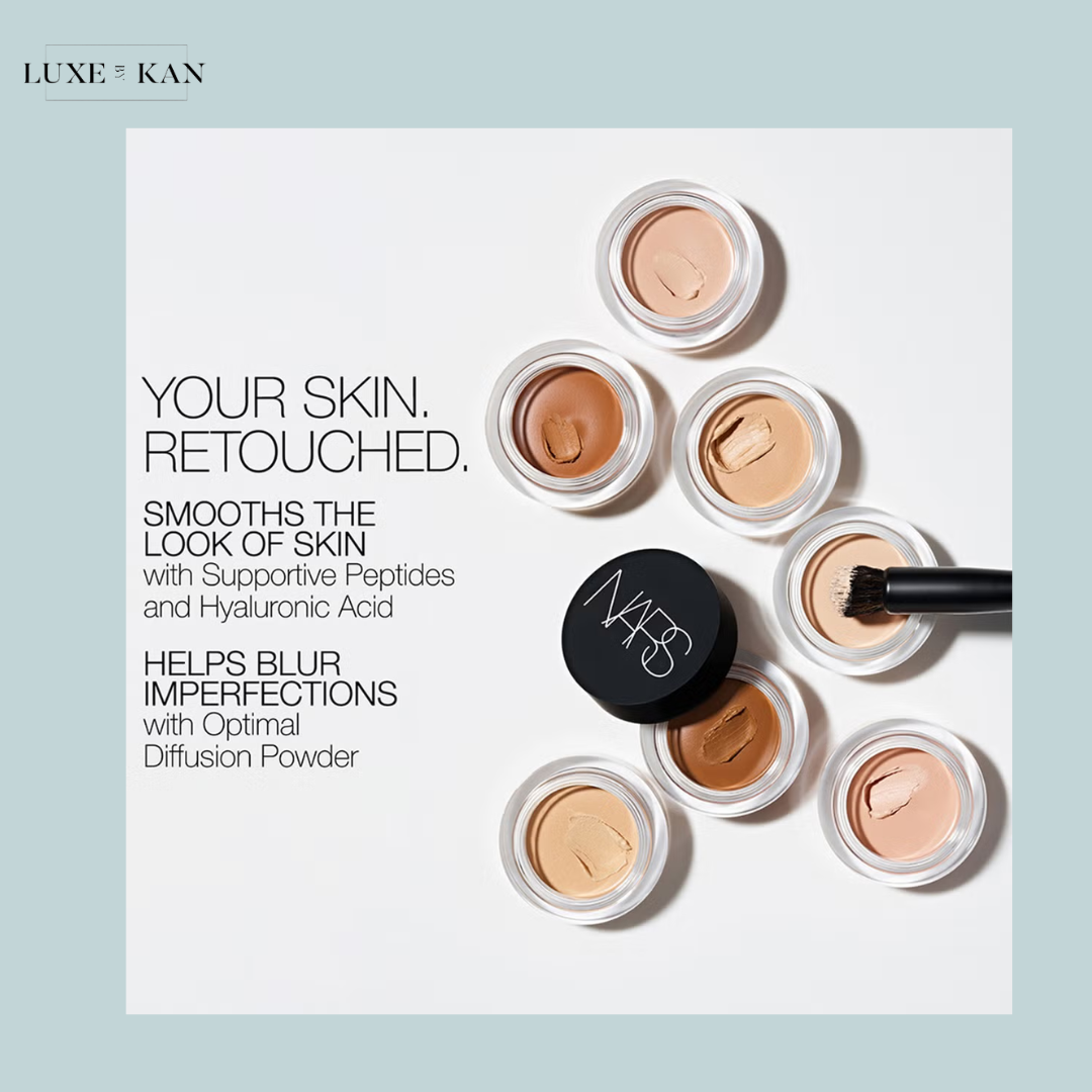 An arrangement of NARS skin products with text highlighting benefits like smoothing skin and blurring imperfections.