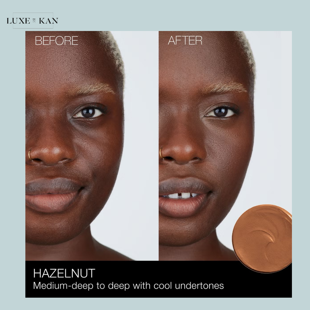 A jar of Hazel Nut shade foundation with a label describing its color as medium-deep to deep with cool undertones.