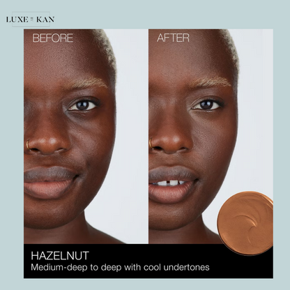 A jar of Hazel Nut shade foundation with a label describing its color as medium-deep to deep with cool undertones.