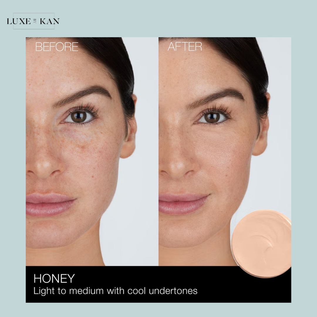 A close-up of a skin tone foundation labeled "Honey" in light to medium shade with cool undertones, with a creamy texture swatched beside it.