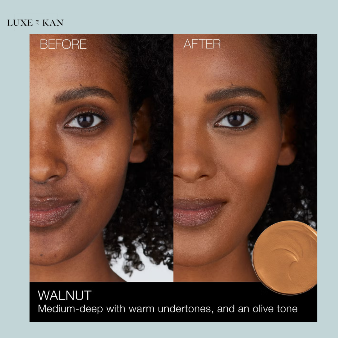 A circular makeup product labeled "Walnut," showcasing a medium-deep shade with warm undertones and an olive tone against a pastel background.