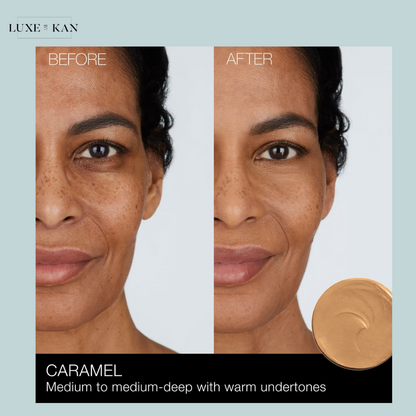 Close-up of a skincare product with a gold compact, labeled "Caramel: Medium to medium-deep with warm undertones."