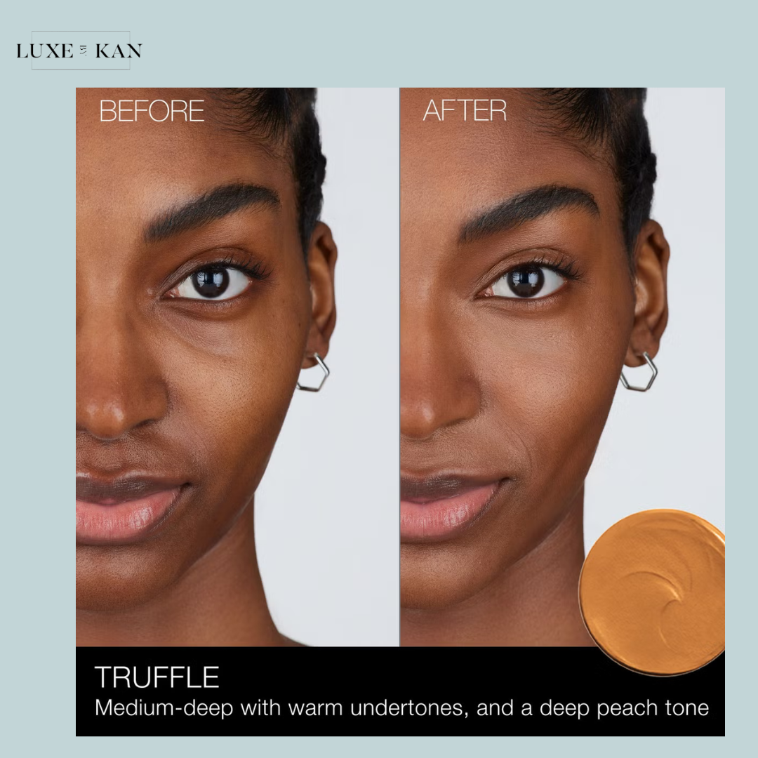 A close-up of a skin tone shade labeled "Truffle," described as medium-deep with warm undertones and a deep peach tone.