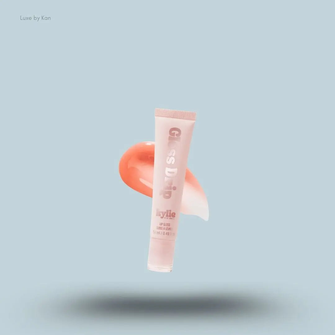 Kylie Cosmetics Gloss Drip Lip Gloss 14ml tube and swatch on blue background — LBK India