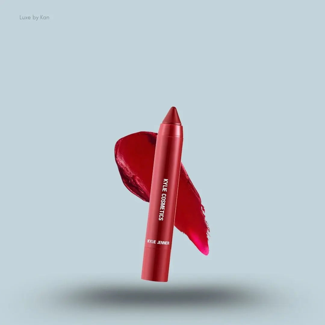 Kylie Cosmetics Matte Lip Crayon stick and swatch on blue background — Luxe by Kan India
