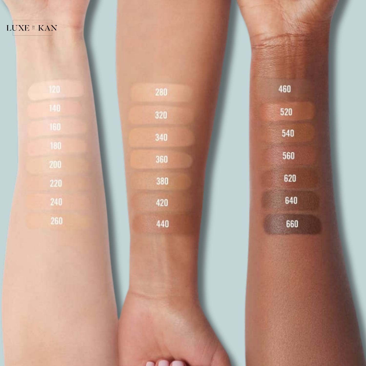 Swatches of various foundation shades on three arms, ranging from light to dark, showcasing options from Luxe & Kan.