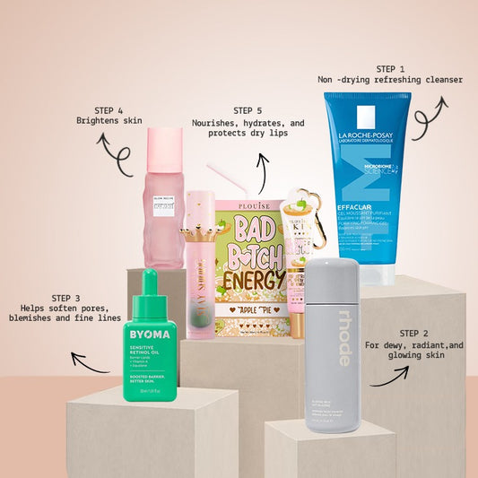 Skincare products like Byoma and Rhode on pedestals with numbered routine steps against a soft peach background.