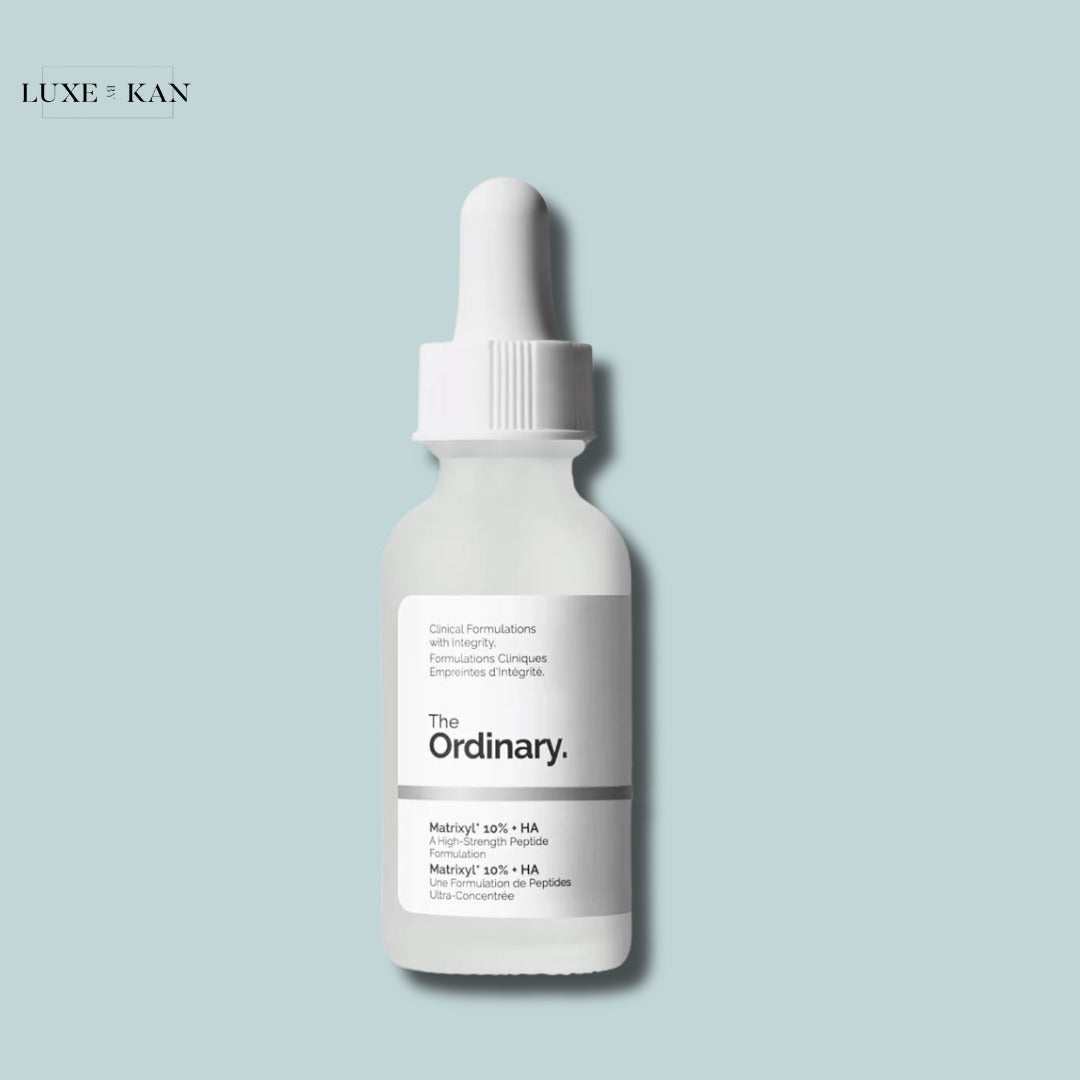A bottle of The Ordinary Matrixyl 10% + HA serum with a dropper.