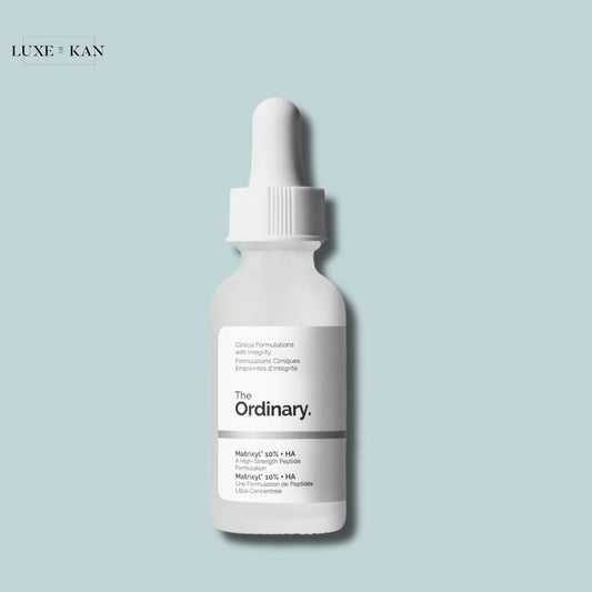A bottle of The Ordinary Matrixyl 10% + HA serum with a dropper.