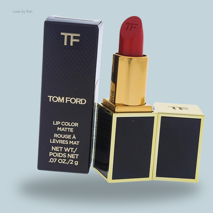 Tom Ford Lip Colour Matte lipstick in red, displayed in elegant gold and black packaging, showcasing the essence of luxury cosmetics.