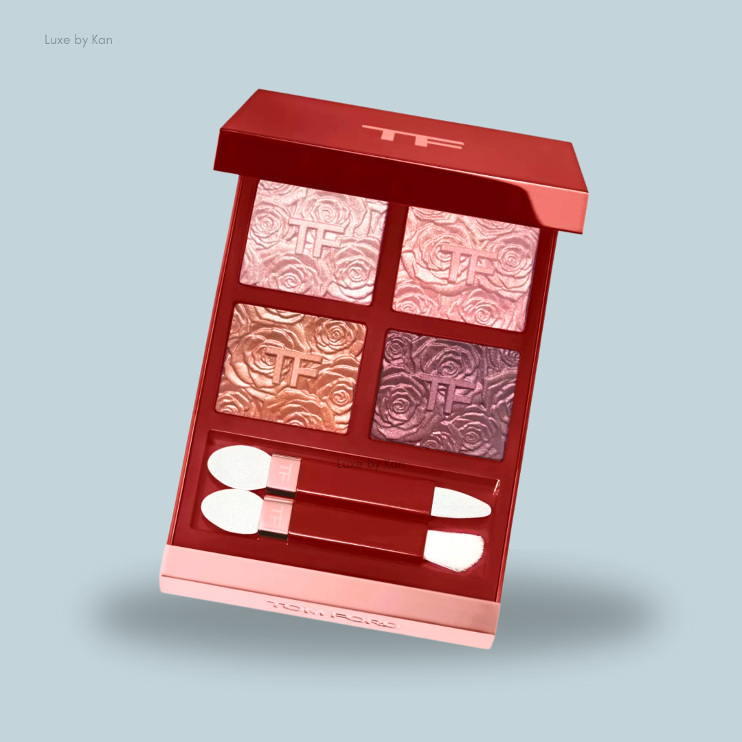 A luxurious Tom Ford Rose Exposed Eye Color Quad, featuring four intricately embossed shades and dual applicators at the bottom for easy application.