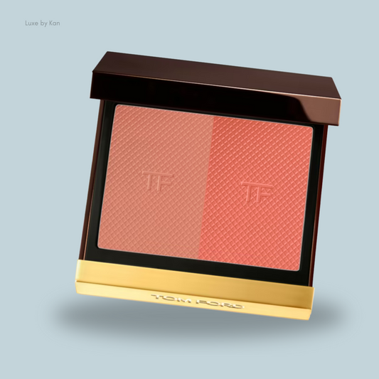 Tom Ford Shade & Illuminate Blush Compact featuring two soft peach shades with a textured design, set in a sleek gold and brown case.