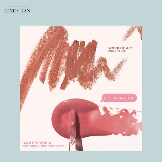 Close-up of a makeup product display featuring "Iced Pistachio," a milky nude pink, alongside the shade "Pinky Taupe." Limited edition.