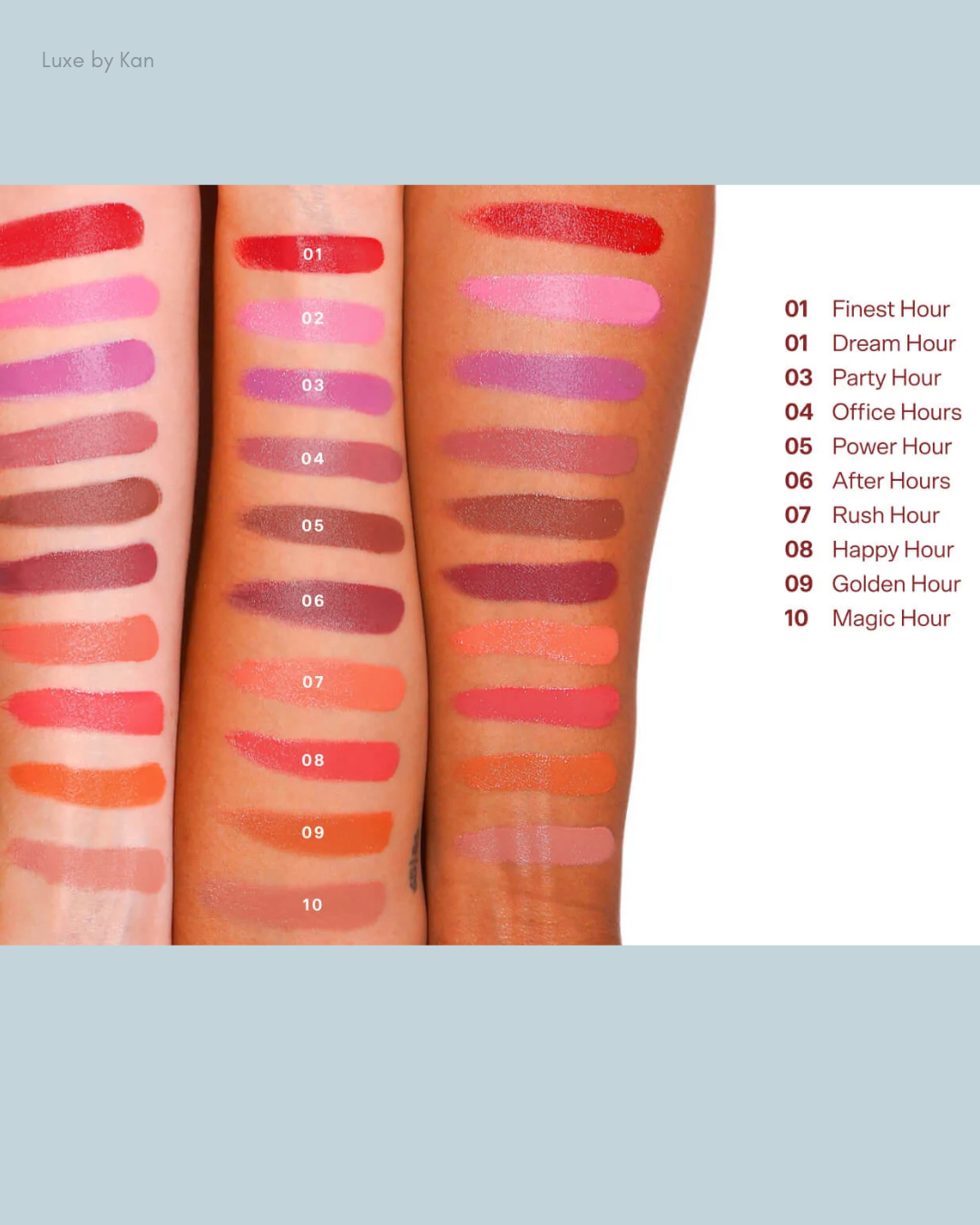 Swatches of ten lip colors labeled from 01 to 10, showcasing a range of reds, pinks, and nudes on diverse skin tones.