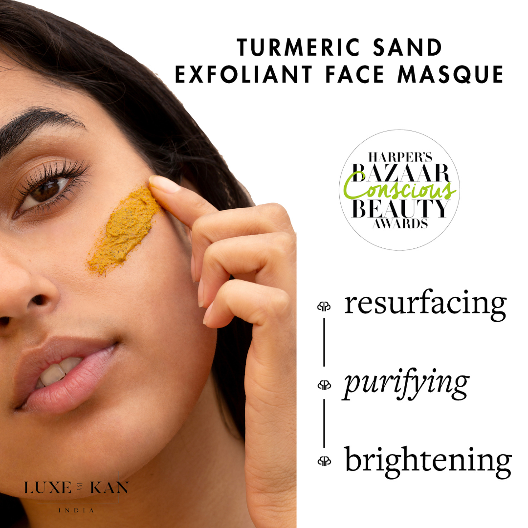 A person applies turmeric sand exfoliant face masque, highlighted with text emphasizing its resurfacing, purifying, and brightening benefits.