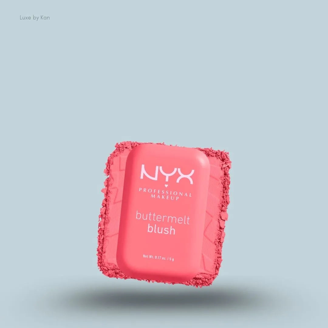 NYX Professional Makeup Buttermelt Powder Blush 12H Fade Resistant on blue background — LBK
