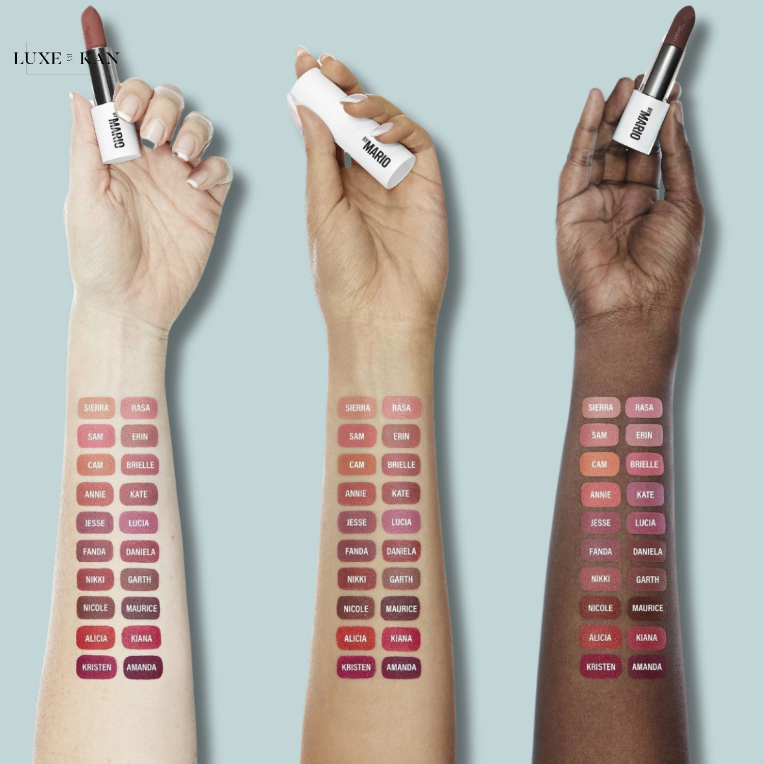 Three diverse arms showcase lipstick swatches and shades, each holding a Mario lipstick.