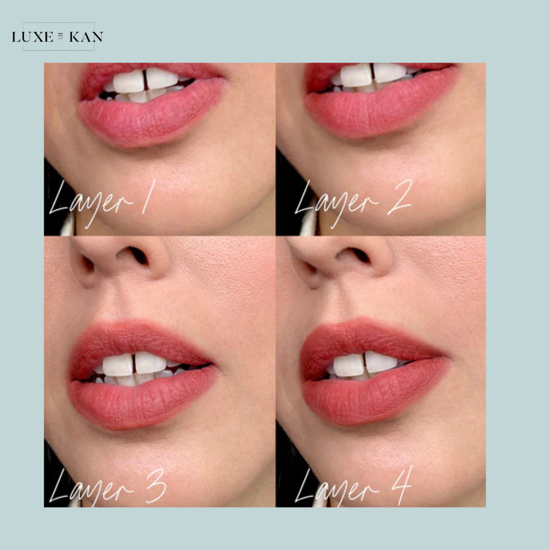 VIOLETTE FR Bisou Tinted Balm comparison of lip colors, showcasing a soft peach shade and a deeper muted pink on a model's lips.