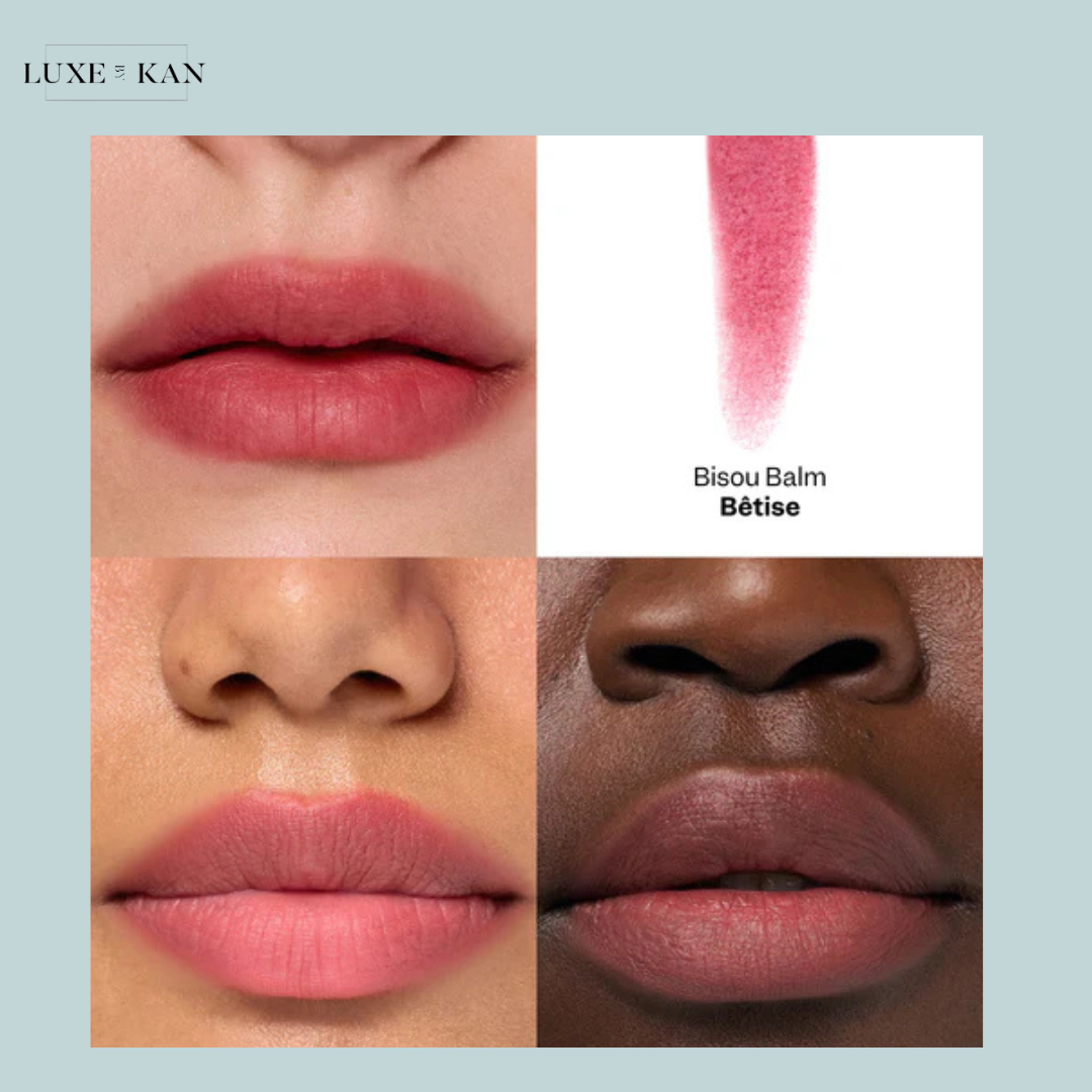 VIOLETTE FR Bisou Tinted Balm comparison of lip colors, showcasing a soft peach shade and a deeper muted pink on a model's lips.