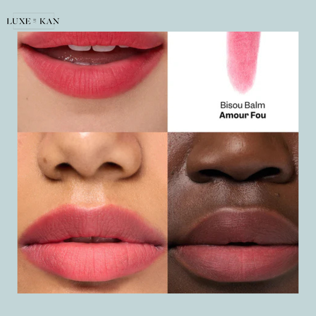 VIOLETTE FR Bisou Tinted Balm comparison of lip colors, showcasing a soft peach shade and a deeper muted pink on a model's lips.