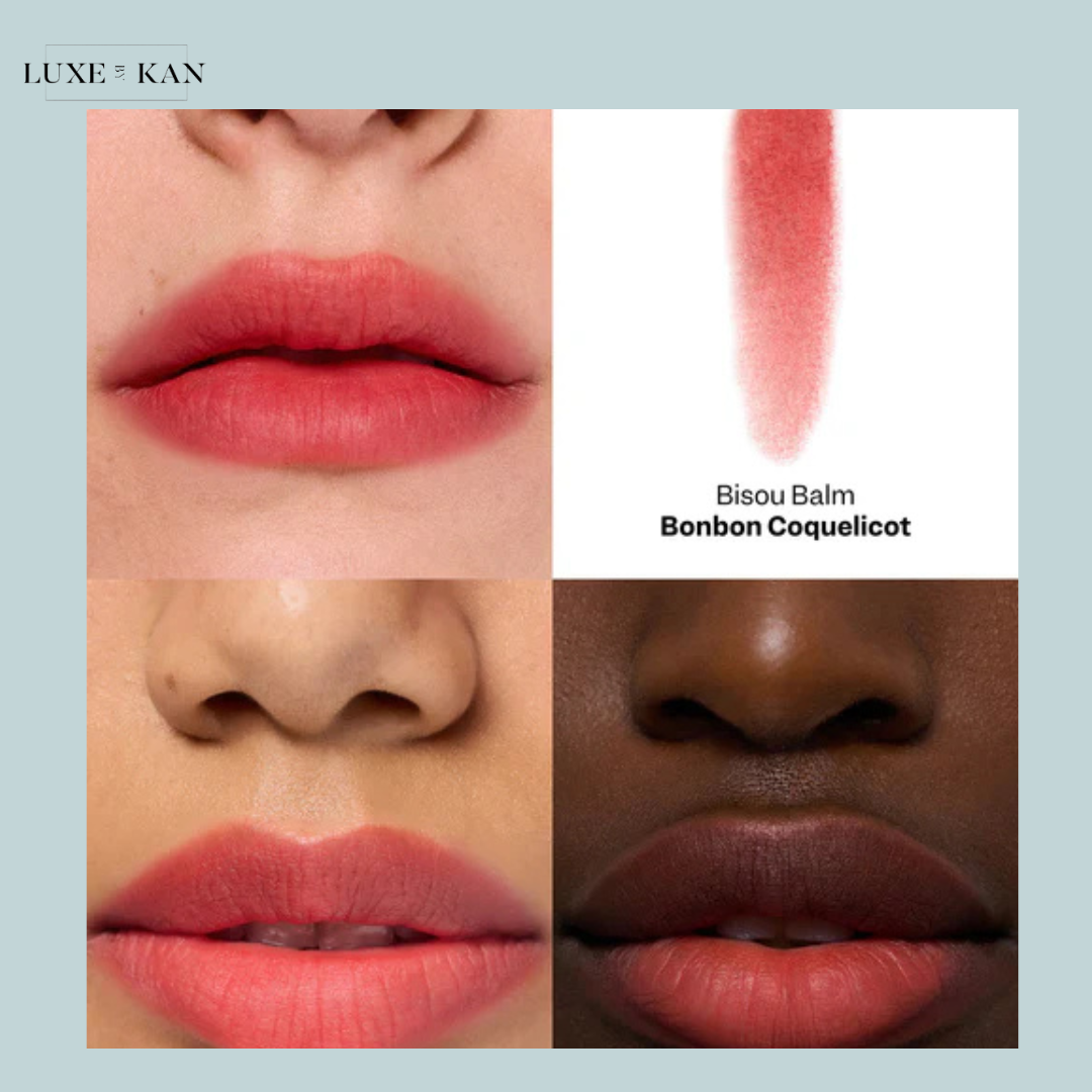 VIOLETTE FR Bisou Tinted Balm comparison of lip colors, showcasing a soft peach shade and a deeper muted pink on a model's lips.