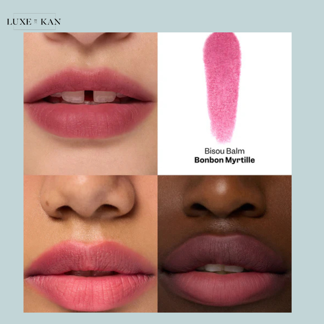 VIOLETTE FR Bisou Tinted Balm comparison of lip colors, showcasing a soft peach shade and a deeper muted pink on a model's lips.
