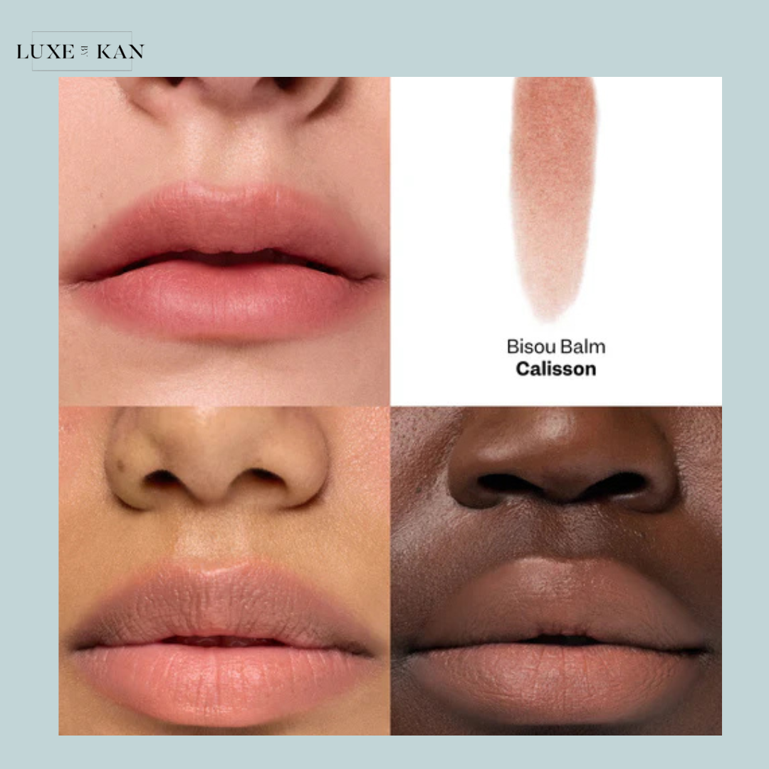 VIOLETTE FR Bisou Tinted Balm comparison of lip colors, showcasing a soft peach shade and a deeper muted pink on a model's lips.