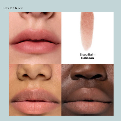 VIOLETTE FR Bisou Tinted Balm comparison of lip colors, showcasing a soft peach shade and a deeper muted pink on a model's lips.