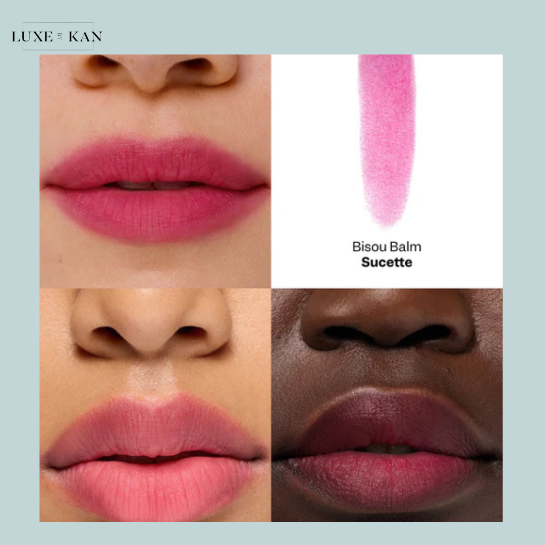 VIOLETTE FR Bisou Tinted Balm comparison of lip colors, showcasing a soft peach shade and a deeper muted pink on a model's lips.
