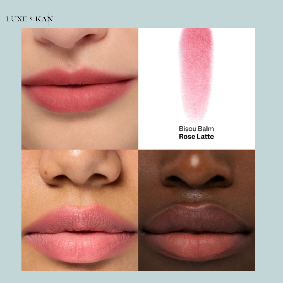 VIOLETTE FR Bisou Tinted Balm comparison of lip colors, showcasing a soft peach shade and a deeper muted pink on a model's lips.