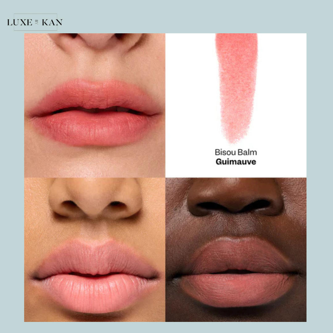 VIOLETTE FR Bisou Tinted Balm comparison of lip colors, showcasing a soft peach shade and a deeper muted pink on a model's lips.