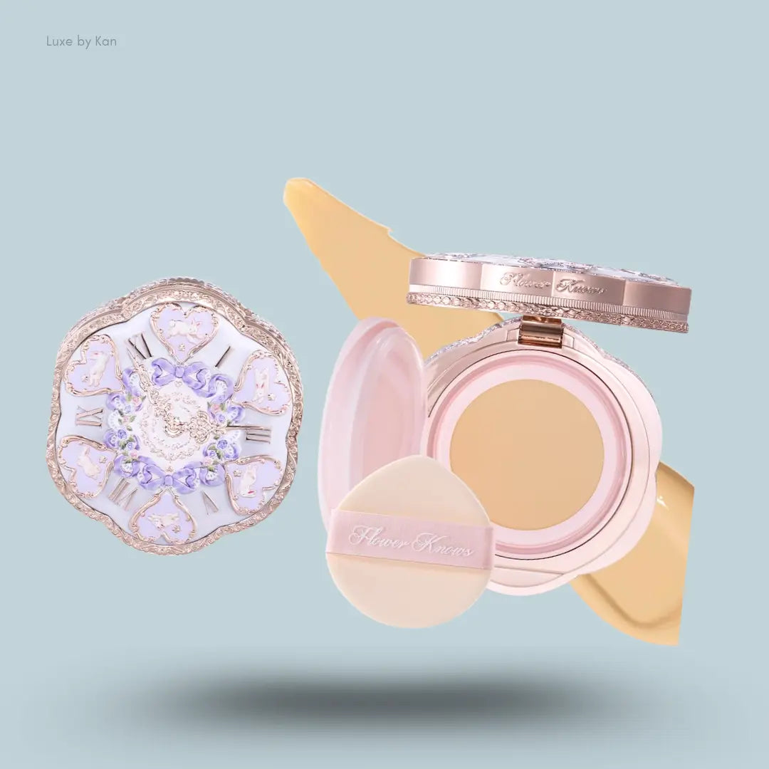 Flower Knows Bunny Garden Cushion Cream Foundation in W05 Beige Nude, Rococo clock-lid compact