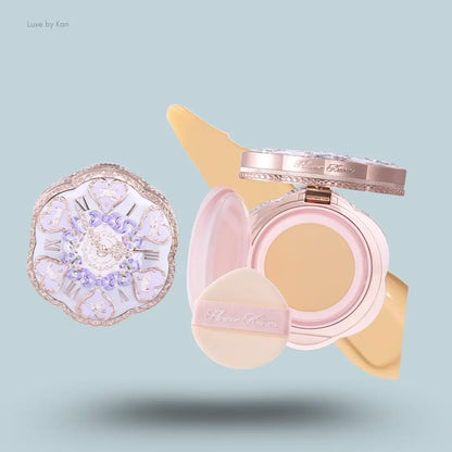 Flower Knows Bunny Garden Cushion Cream Foundation in W05 Beige Nude, Rococo clock-lid compact