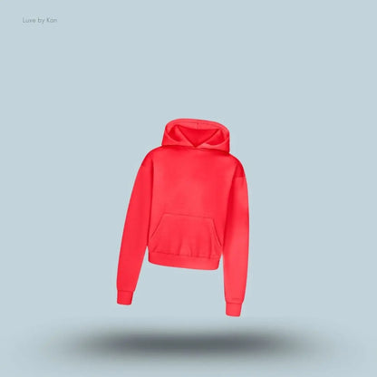 SKIMS Cotton Fleece Classic Hoodie in Washed Red, flat lay on light blue background