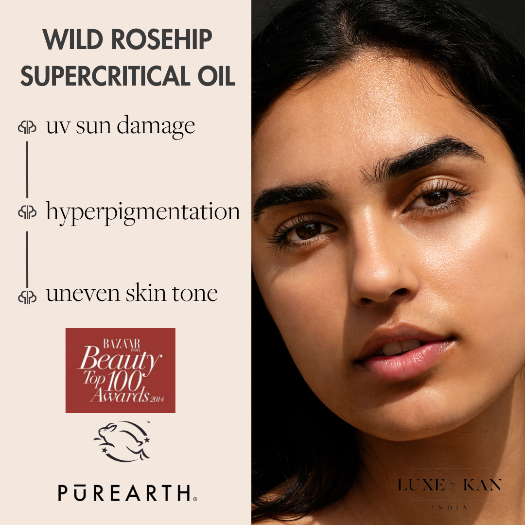 Wild Rosehip Supercritical Oil, highlighting benefits against UV damage, hyperpigmentation, and uneven skin tone.