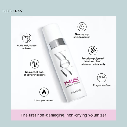 White bottle of "WOW XTRA LARGE" volumizer with benefits highlighted: adds volume, heat protectant, alcohol-free, and fragrance-free.