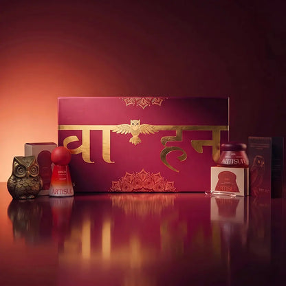 Artisun Vahana Vol 1 Diwali box with Origin and Aura sunscreens, cartons and a brass owl