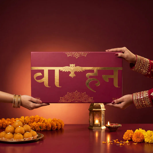 Artisun Vahana Vol 1 red and gold Diwali gift box held in two hands with marigolds, laddoos and a lit diya